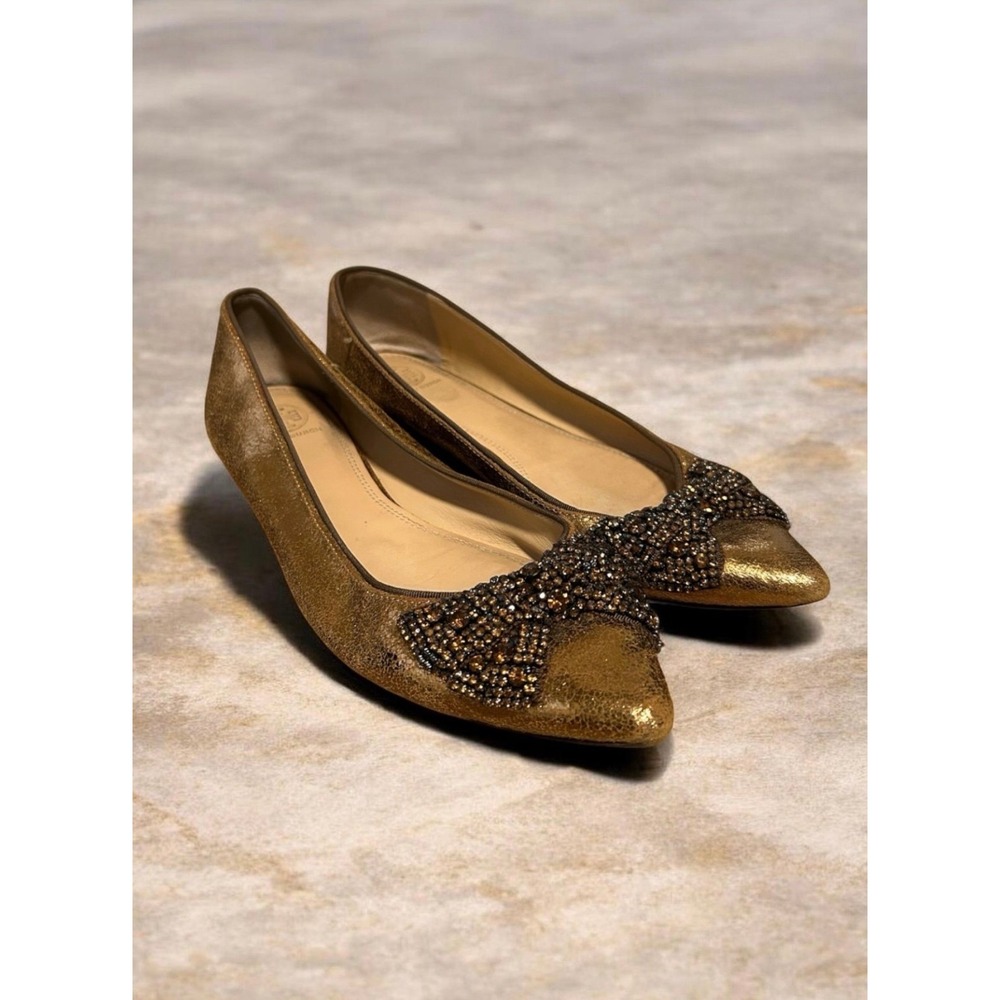 Tory Burch Azalea Jeweled Bow Flats Metallic Gold Women's Size 10.5 Luxury